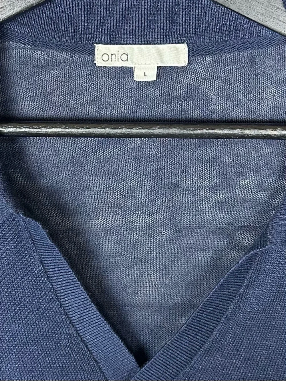 ONIA Sweater Mens Large Deep Navy Blue Johnny Polo 100% Linen Long Sleeve V-Neck
